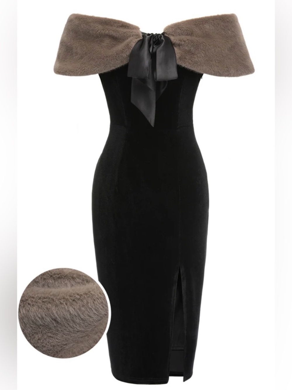 RETRO SPAGE 2PCS BLACK 1960S SOLID DRESS & PLUSH CAPE